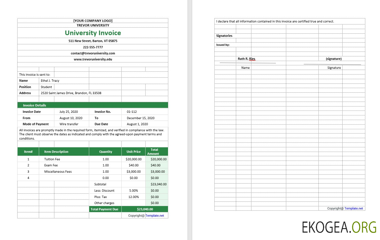 Modèle de facture universitaire vierge